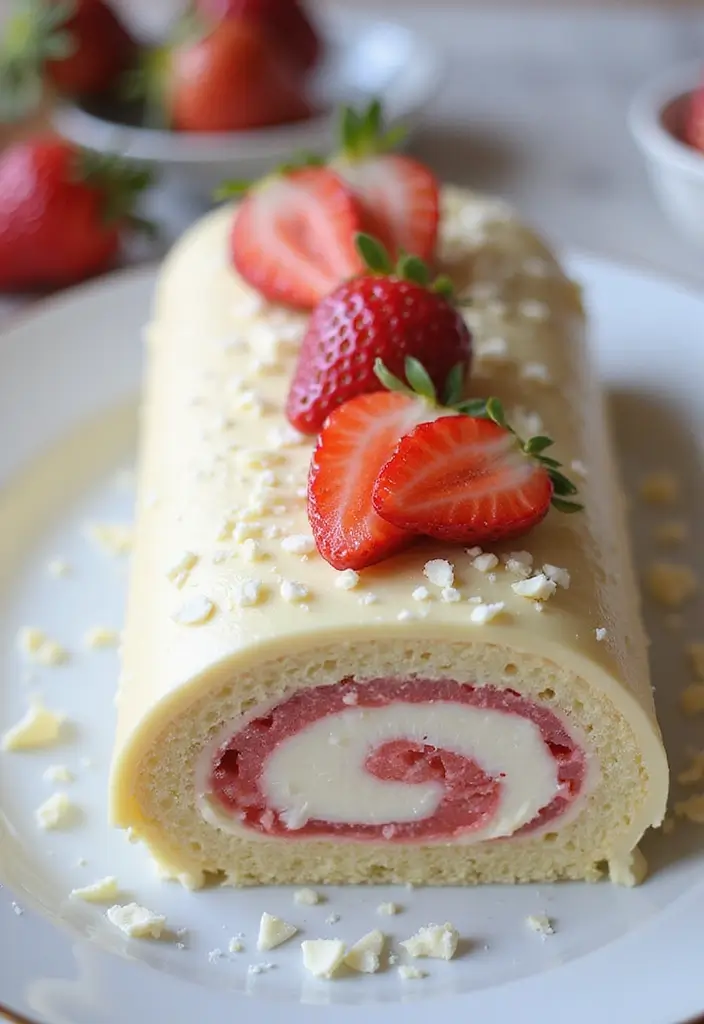 30 Cake Roll Recipes That Look Fancy but Are Easy to Make - 19. White Chocolate Strawberry Cake Roll