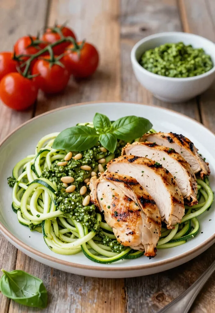10 Whole30 Keto Recipes for Clean Low-Carb Everyday Meals - 1. Zucchini Noodles with Pesto and Grilled Chicken
