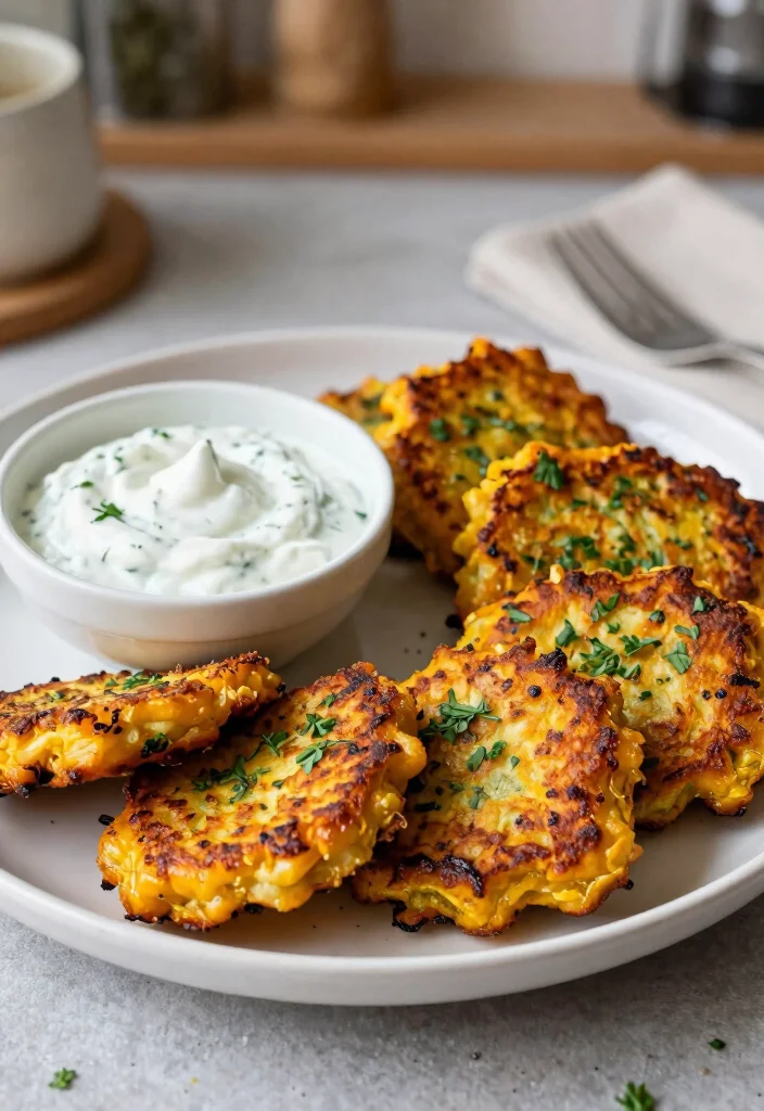 12 Healthy Squash Recipes for Cozy Nutritious Seasonal Meals - 7. Squash Fritters with Yogurt Dill Dip